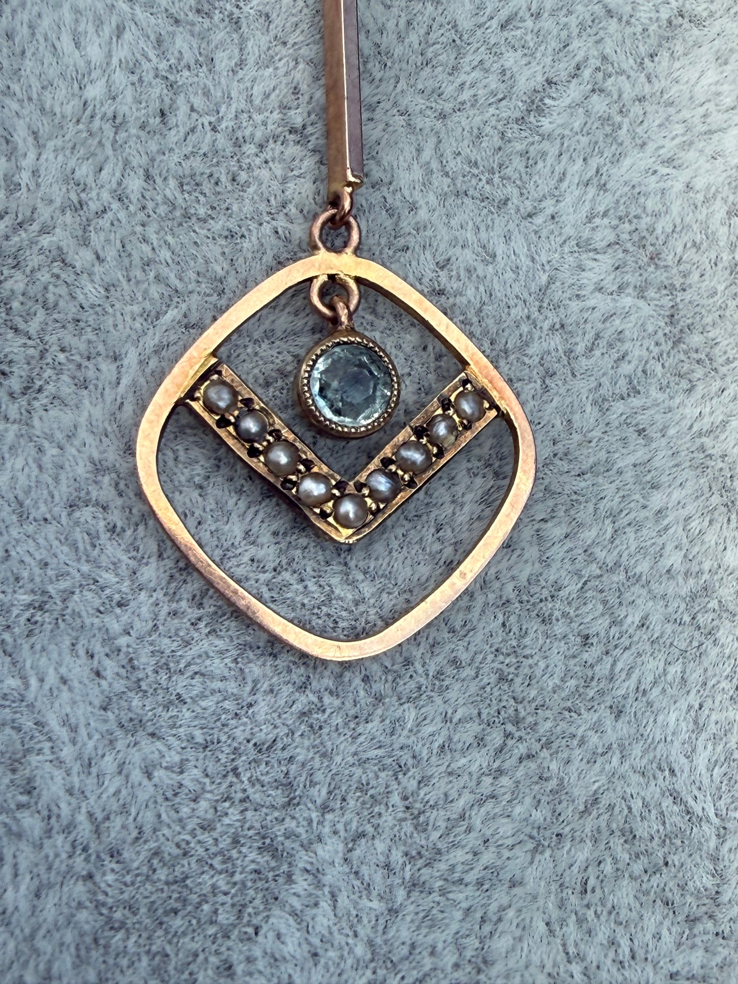 Edwardian Aquamarine & Seed Pearl 9ct Gold Pendant Necklace
