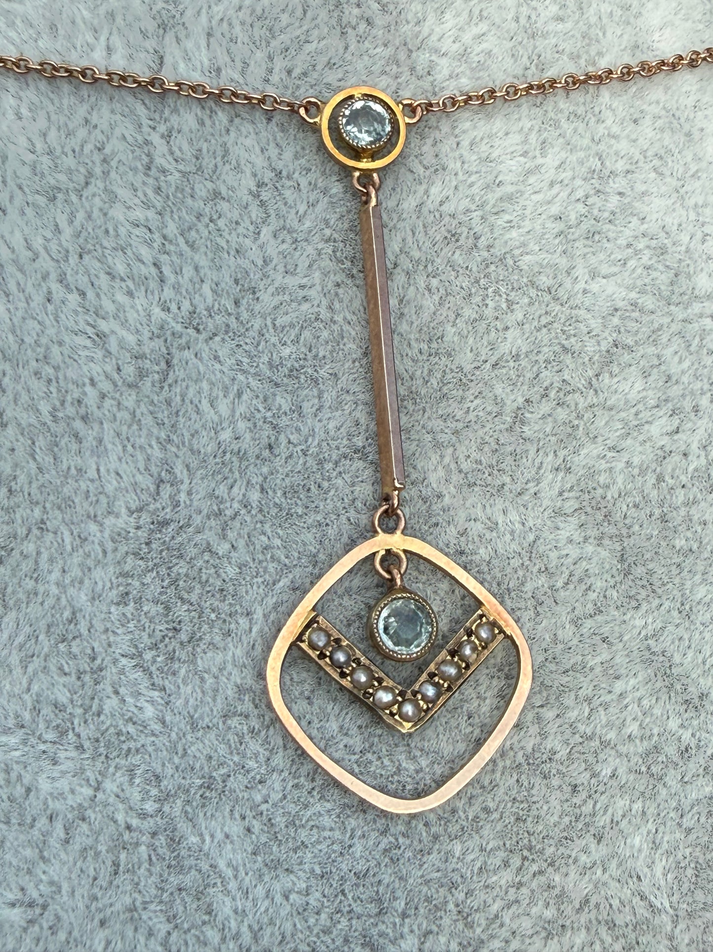 Edwardian Aquamarine & Seed Pearl 9ct Gold Pendant Necklace