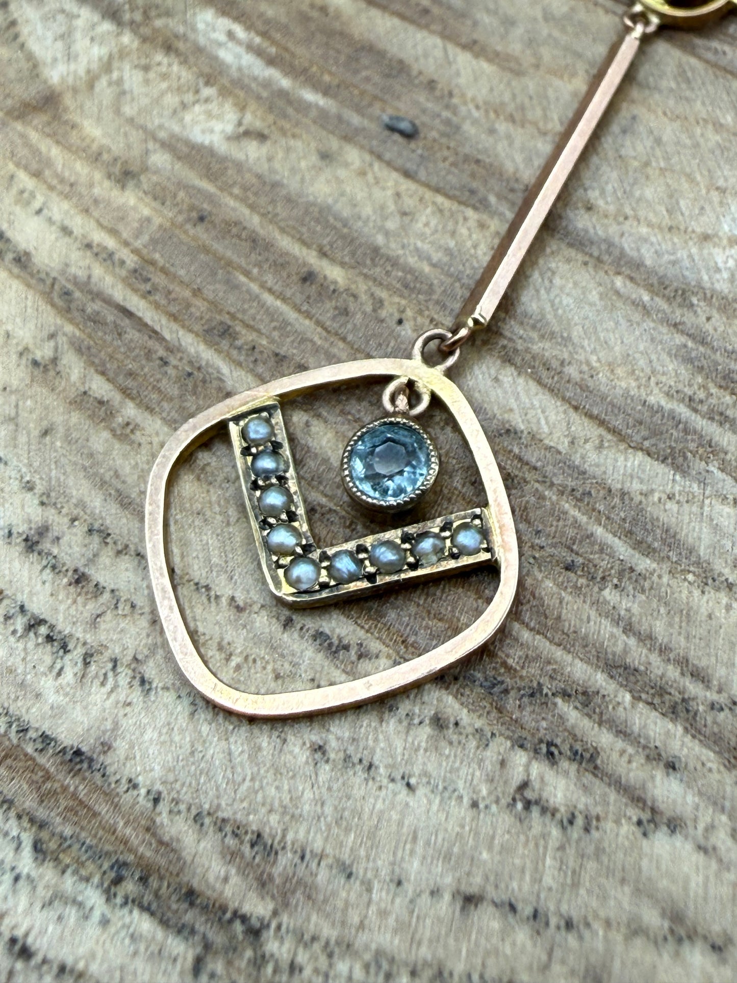 Edwardian Aquamarine & Seed Pearl 9ct Gold Pendant Necklace