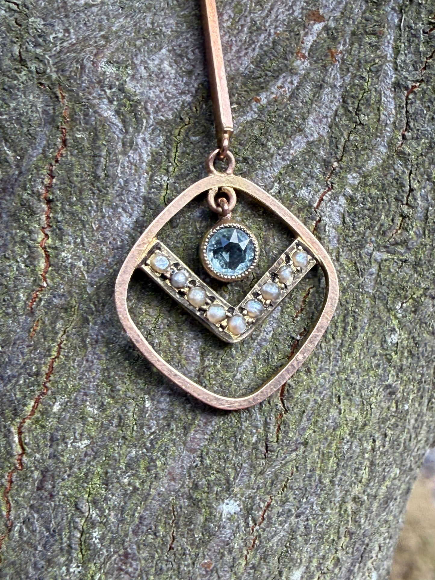 Edwardian Aquamarine & Seed Pearl 9ct Gold Pendant Necklace