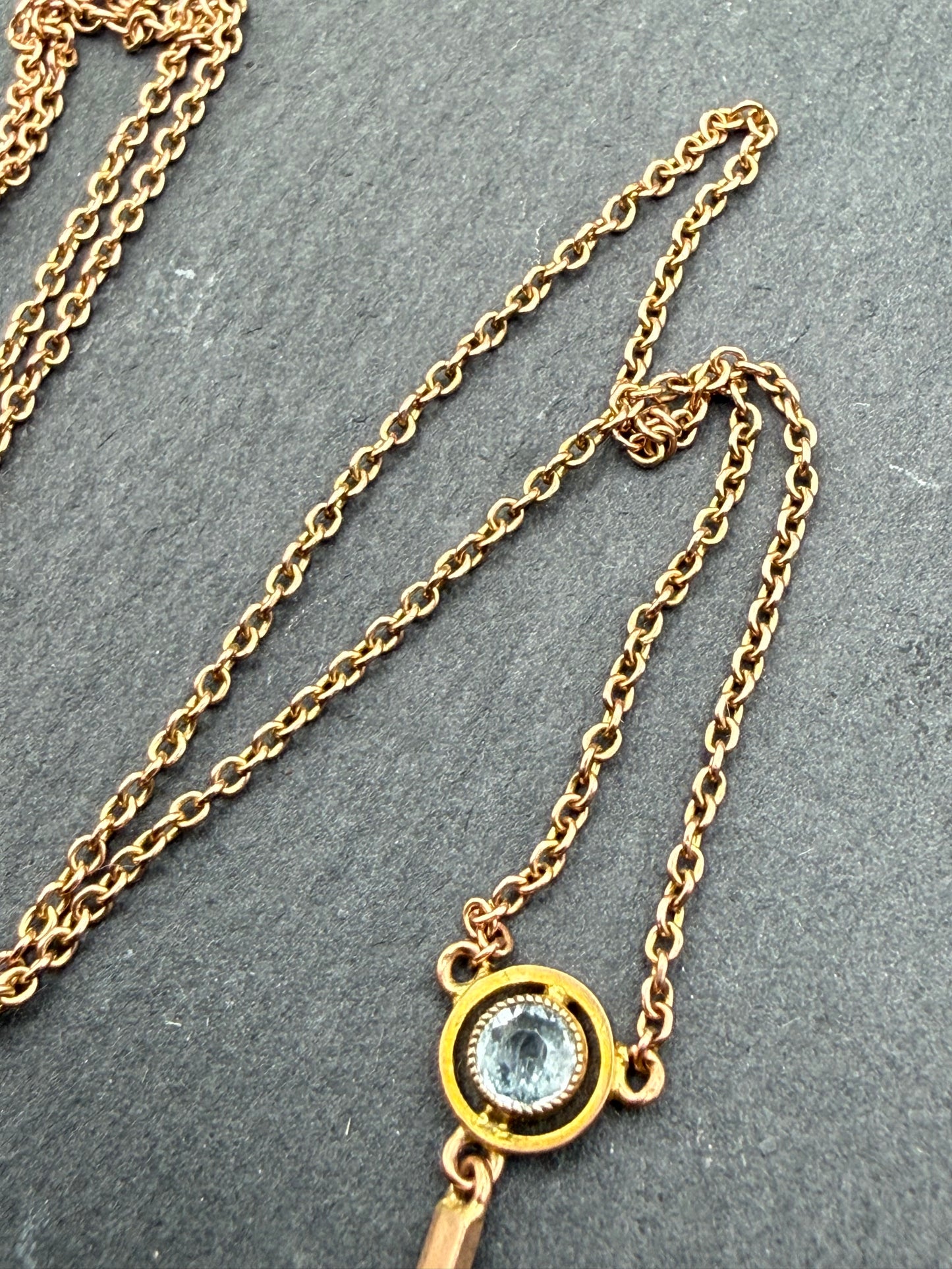 Edwardian Aquamarine & Seed Pearl 9ct Gold Pendant Necklace