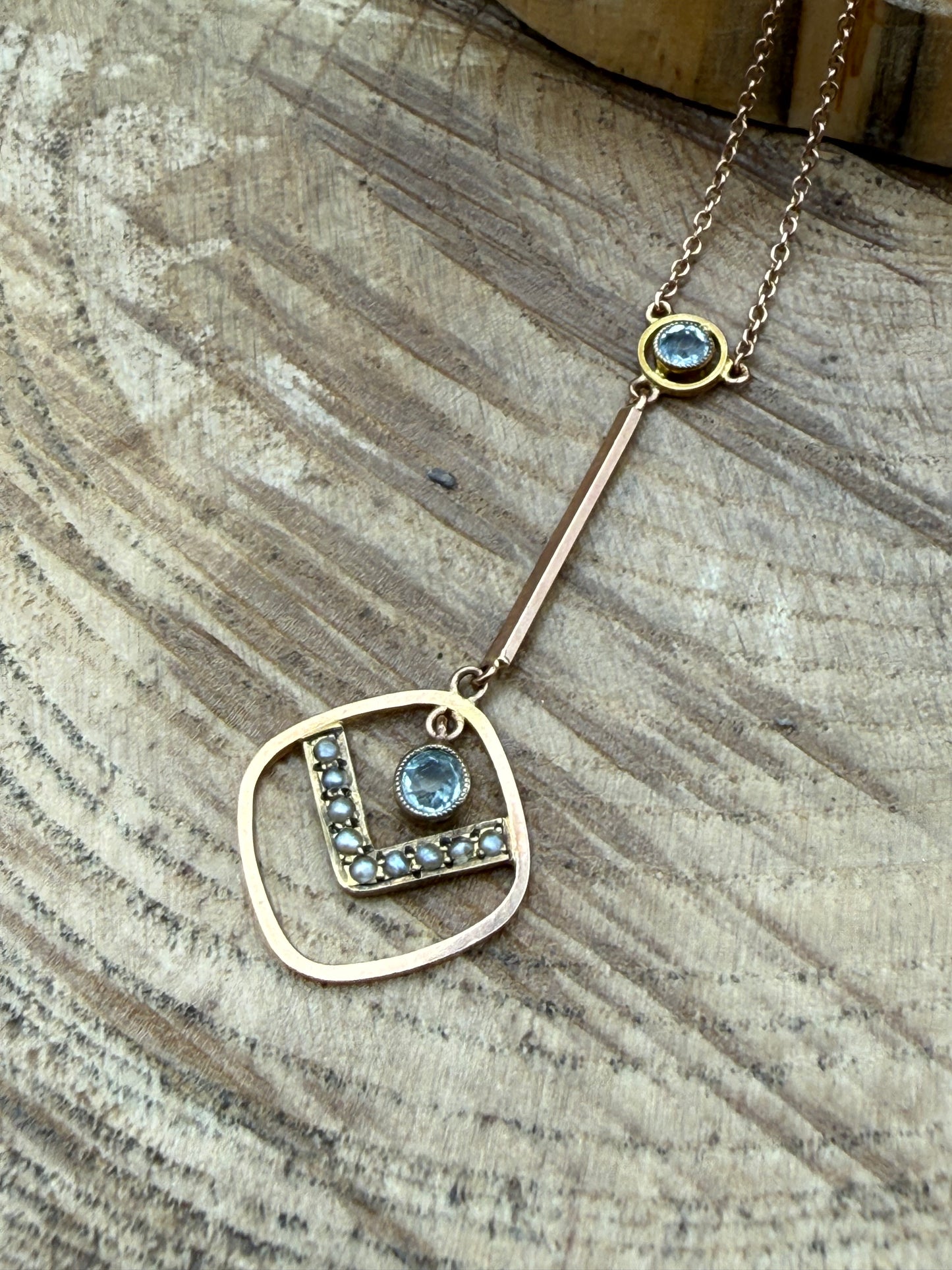 Edwardian Aquamarine & Seed Pearl 9ct Gold Pendant Necklace