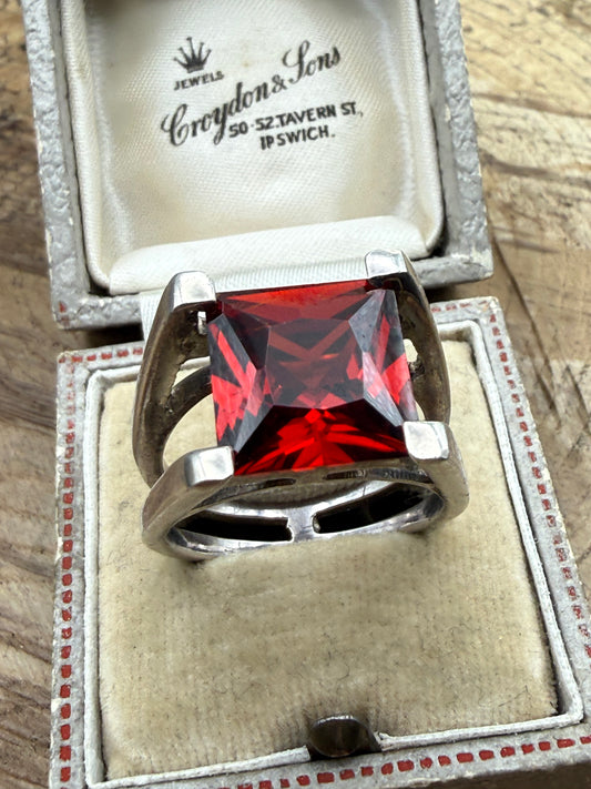 Vintage Sterling Silver Garnet Square Ring