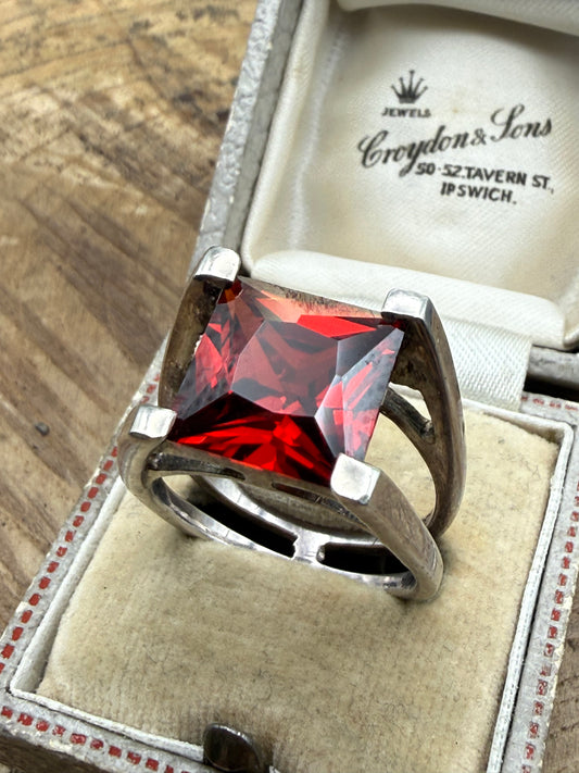 Vintage Sterling Silver Garnet Square Ring