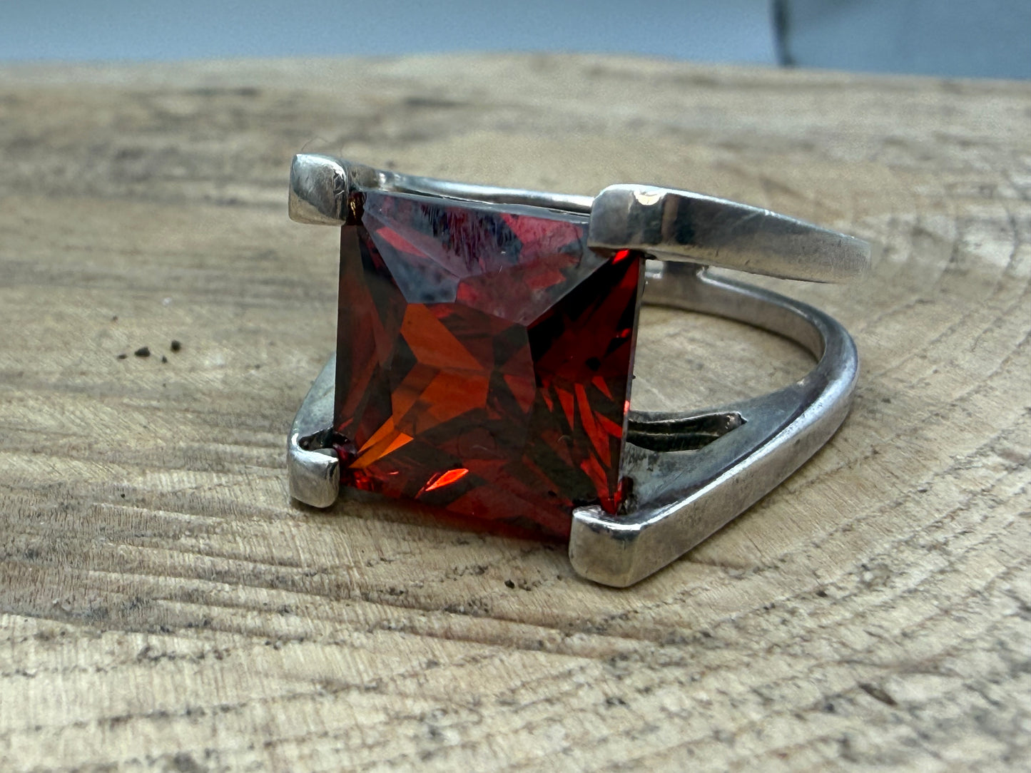 Vintage Sterling Silver Garnet Square Ring