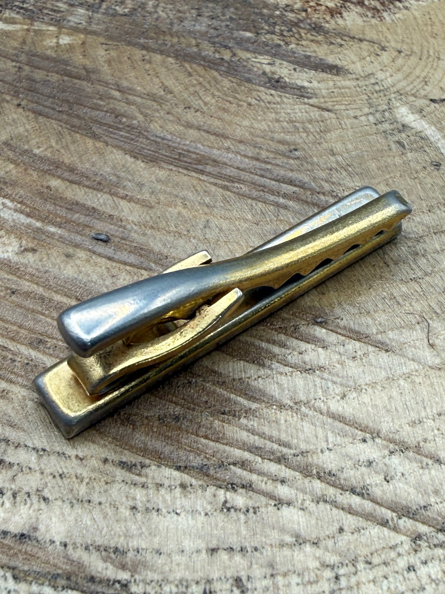Vintage Gold Tone Tie Clip, Grey Cabochon Bar
