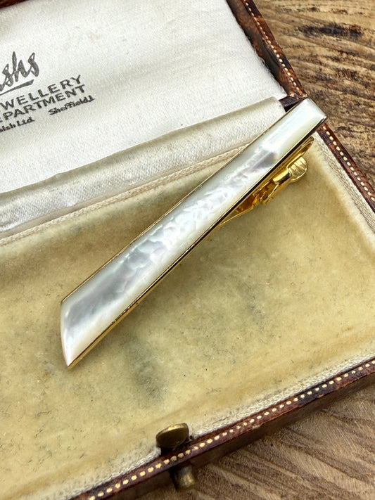 Vintage Mother of Pearl Tie Clip, Gold Tone Slice