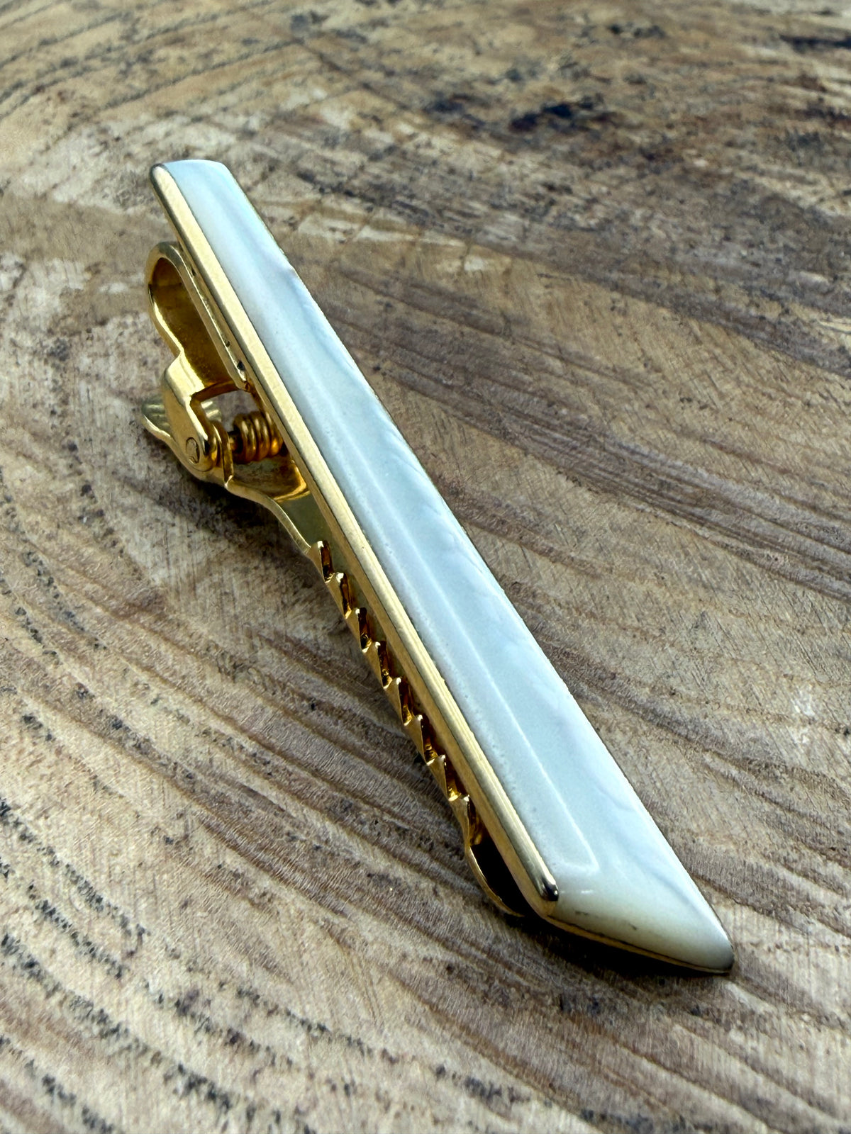 Vintage Mother of Pearl Tie Clip, Gold Tone Slice