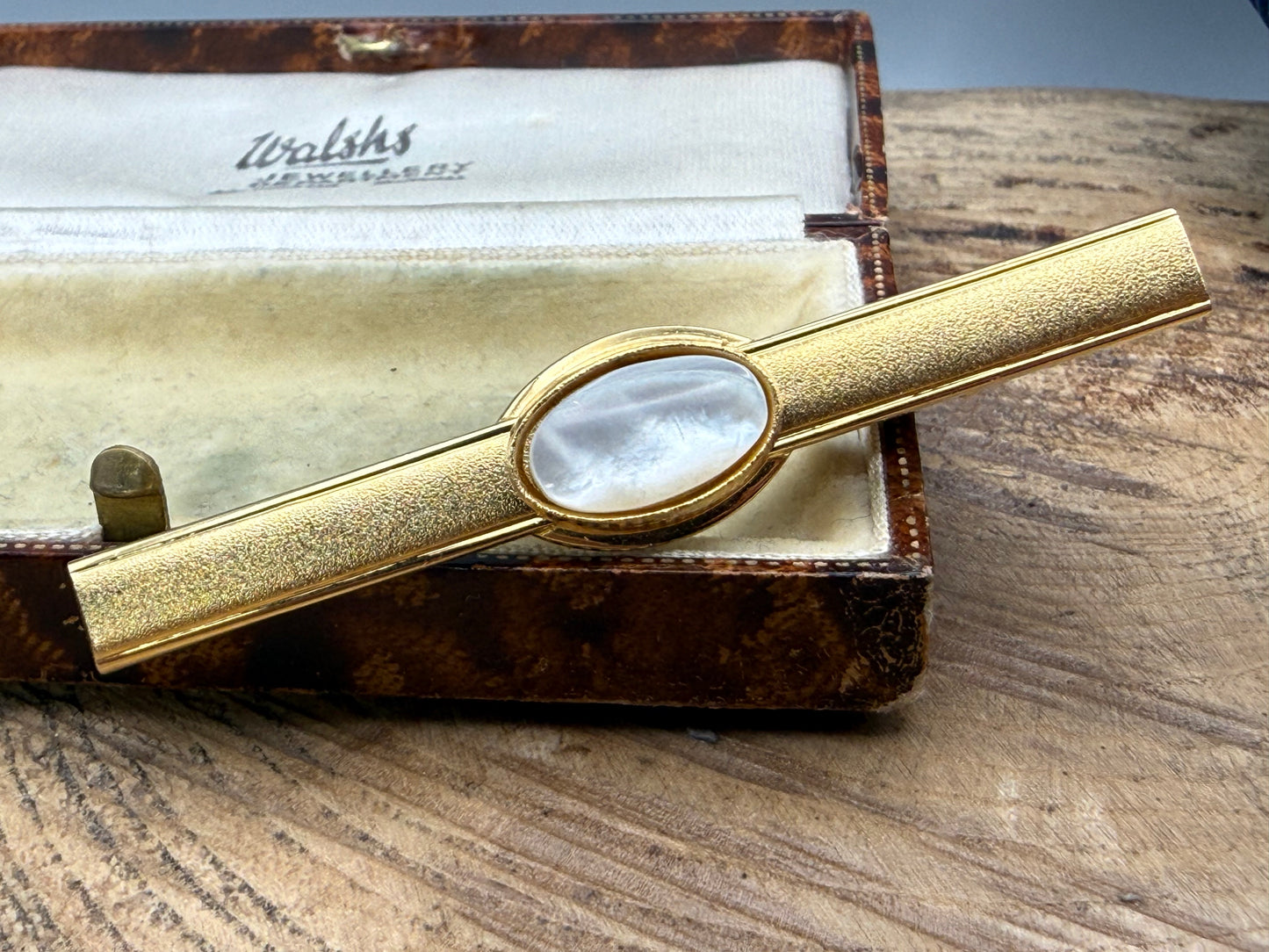 Vintage Stratton Mother of Pearl Tie Clip, Gold Tone