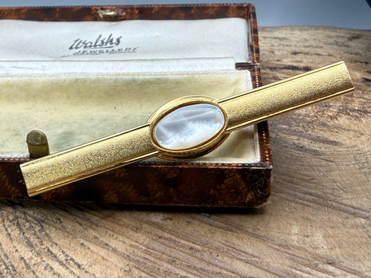 Vintage Stratton Mother of Pearl Tie Clip, Gold Tone