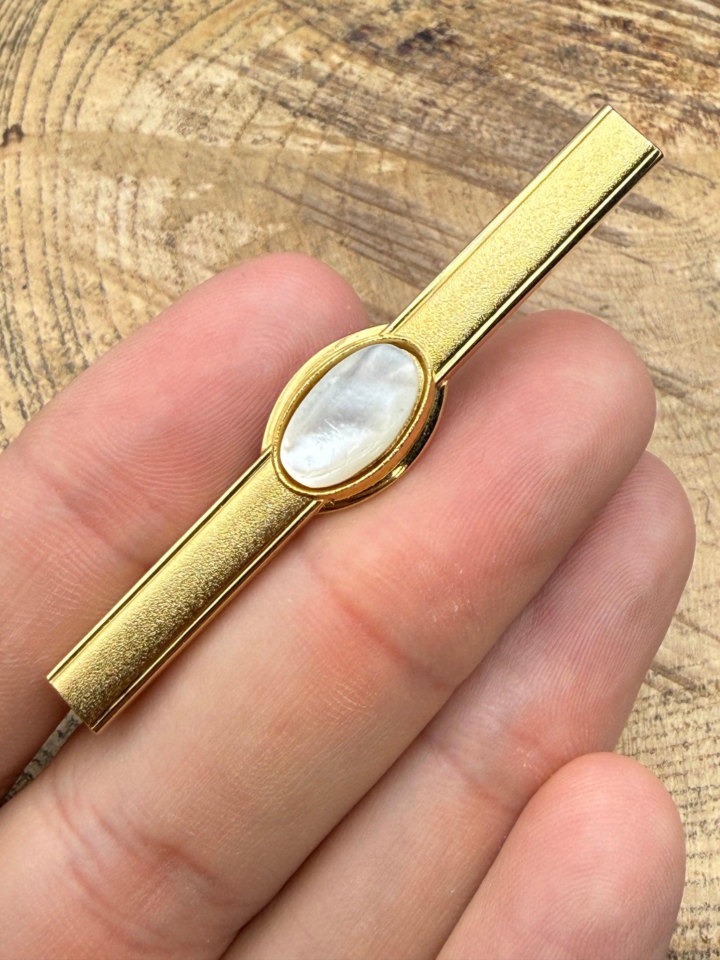 Vintage Stratton Mother of Pearl Tie Clip, Gold Tone