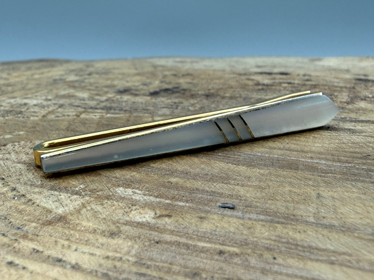 Vintage Slim & Striped Mother of Pearl Tie Clip