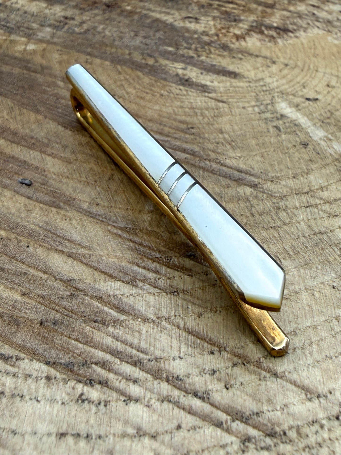 Vintage Slim & Striped Mother of Pearl Tie Clip