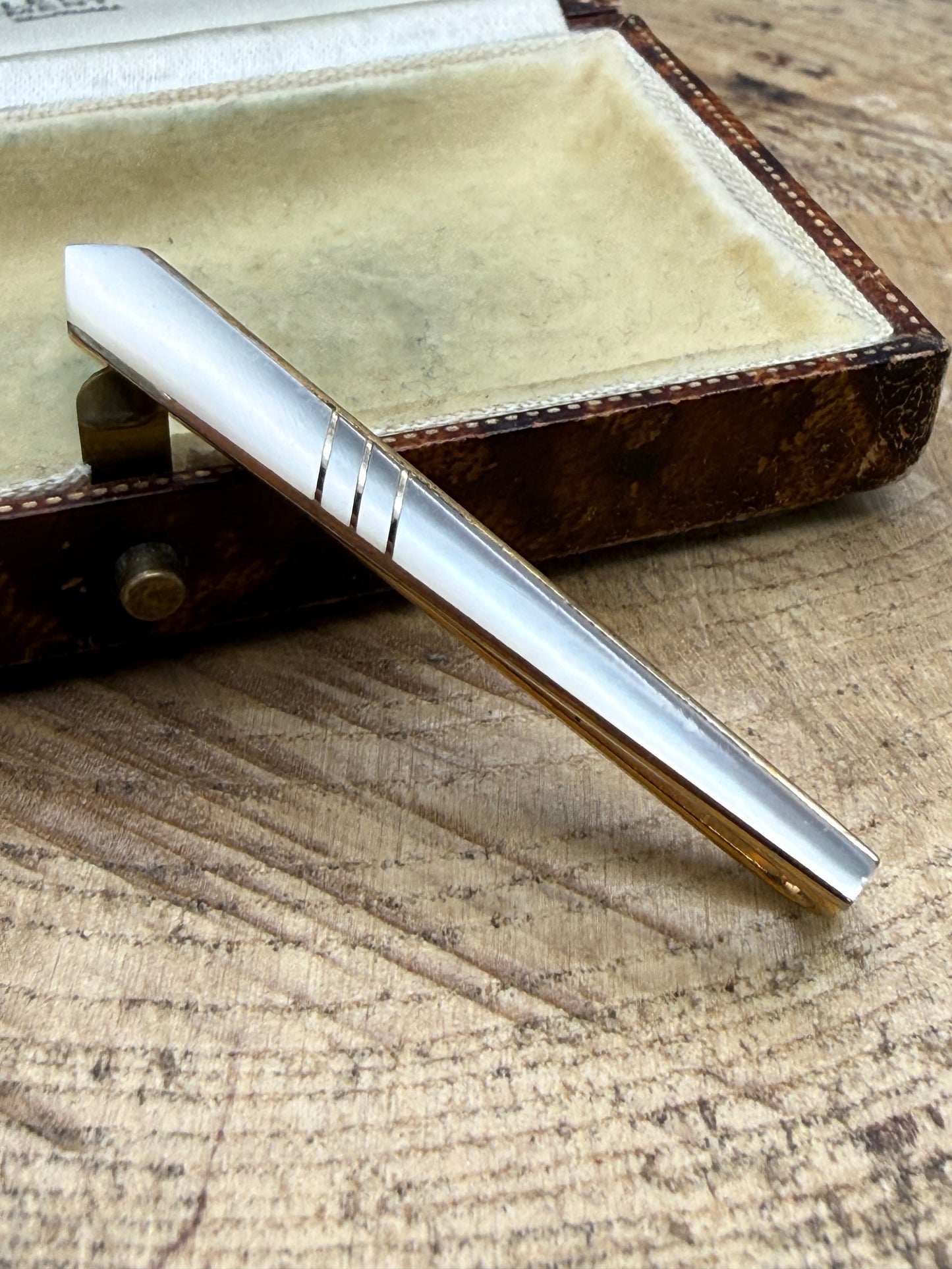 Vintage Slim & Striped Mother of Pearl Tie Clip