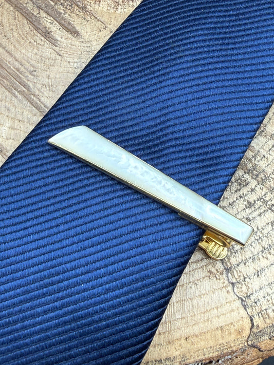 Vintage Mother of Pearl Tie Clip, Gold Tone Slice