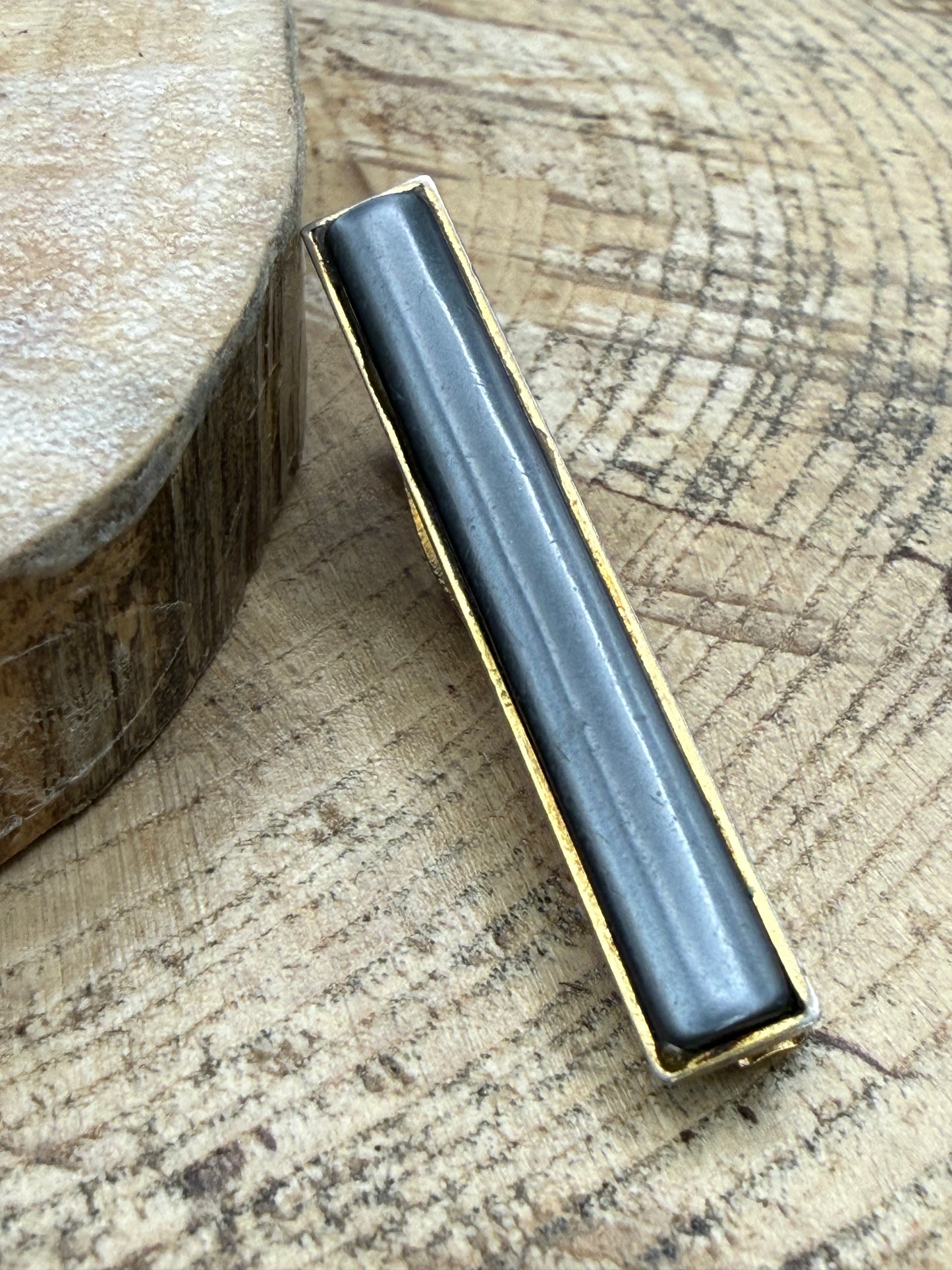 Vintage Gold Tone Tie Clip, Grey Cabochon Bar