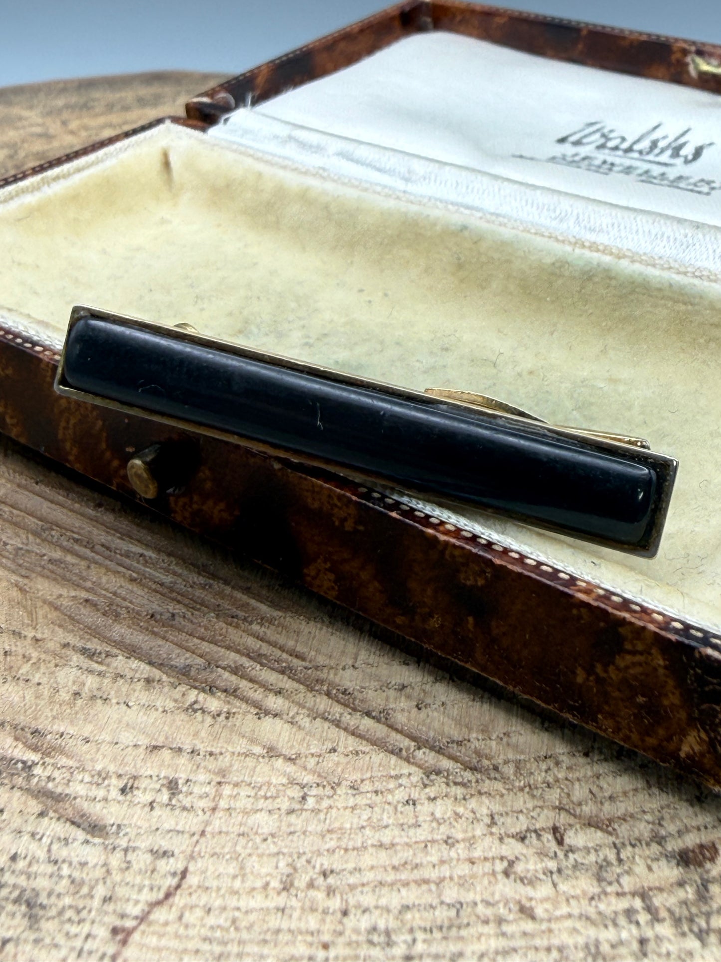Vintage Gold Tone Tie Clip, Grey Cabochon Bar