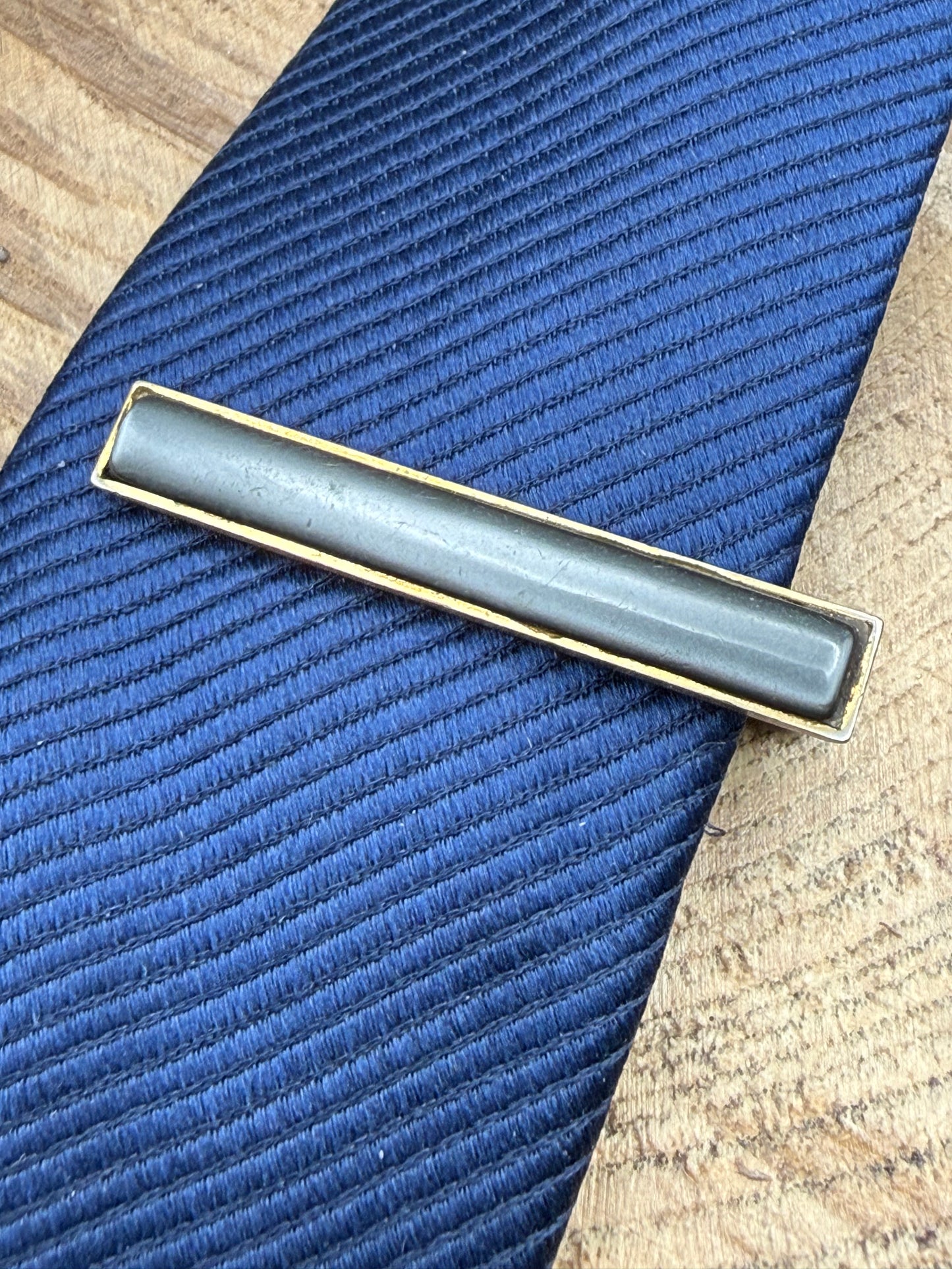 Vintage Gold Tone Tie Clip, Grey Cabochon Bar