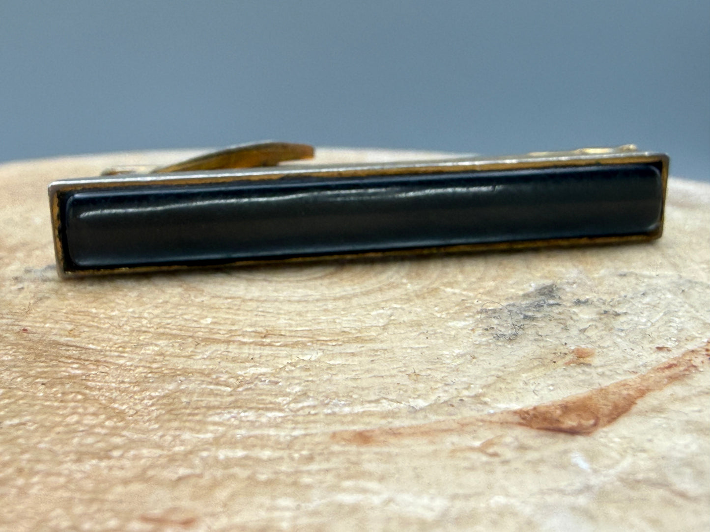 Vintage Gold Tone Tie Clip, Grey Cabochon Bar