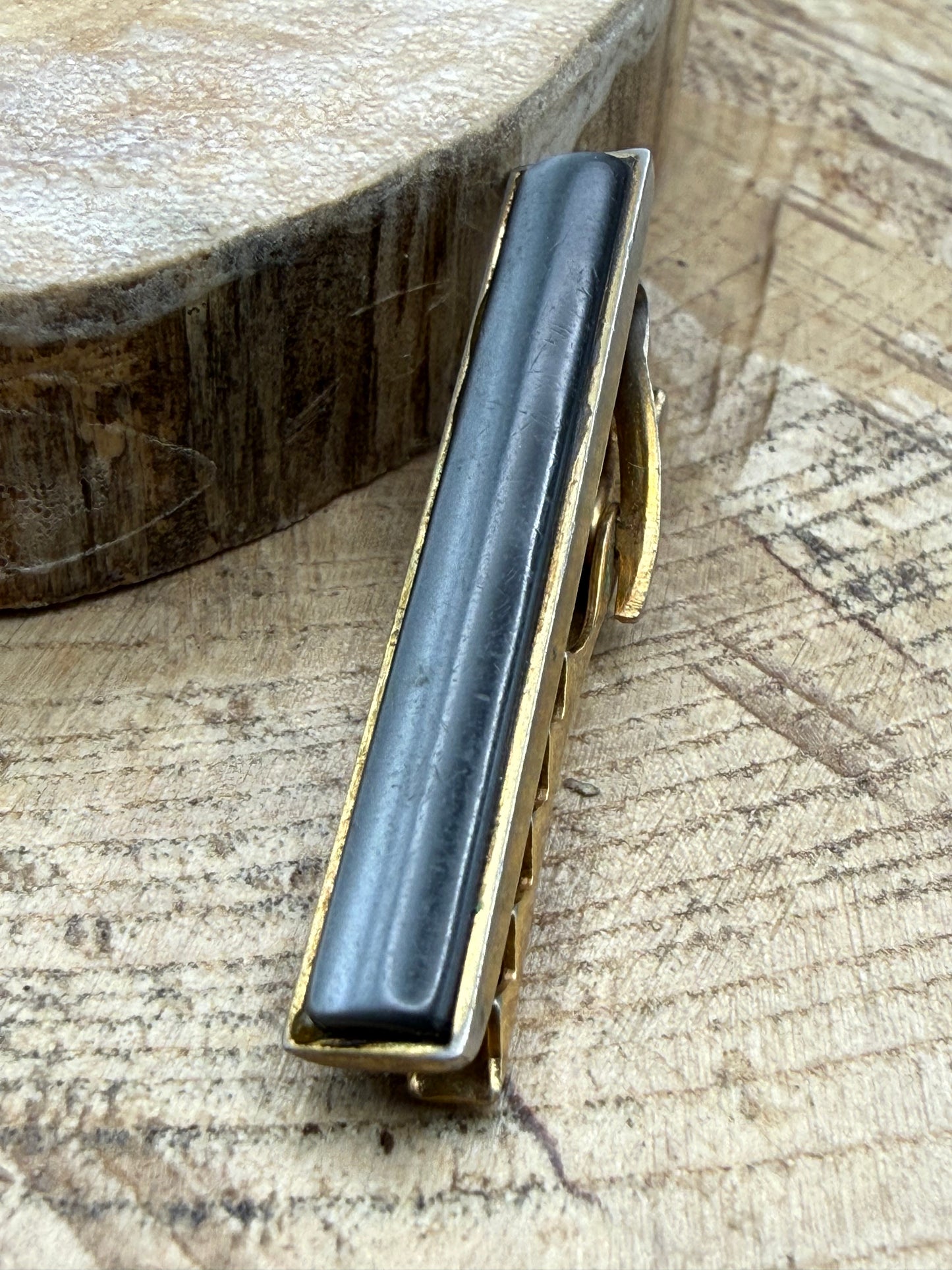 Vintage Gold Tone Tie Clip, Grey Cabochon Bar