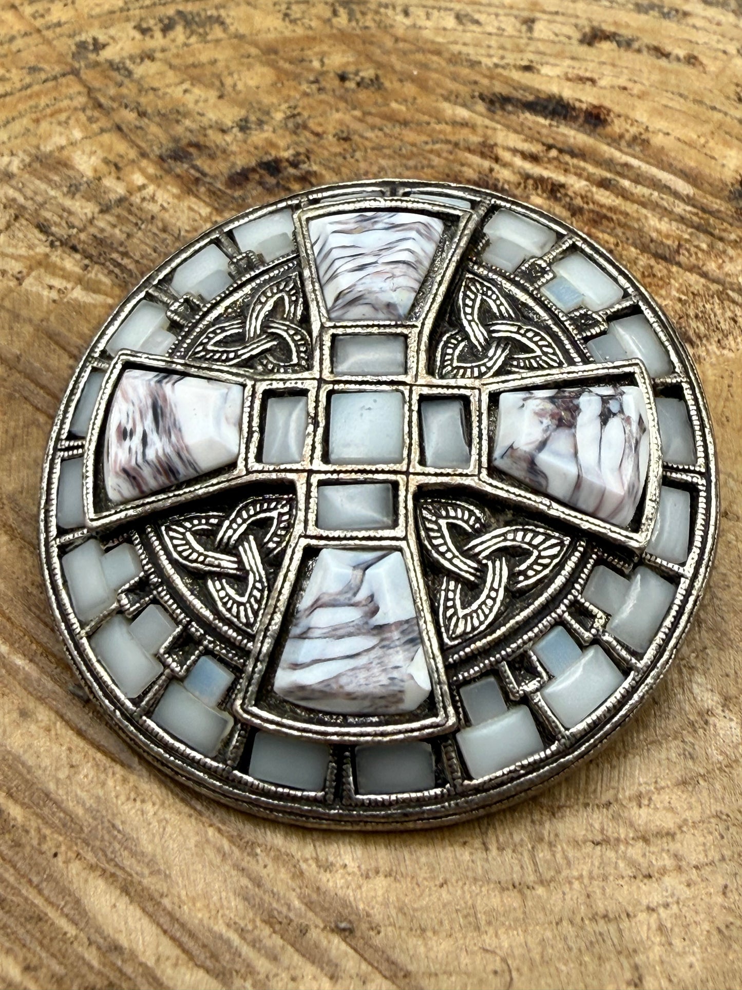 Vintage Miracle Celtic Cross Brooch, Grey Banded Glass
