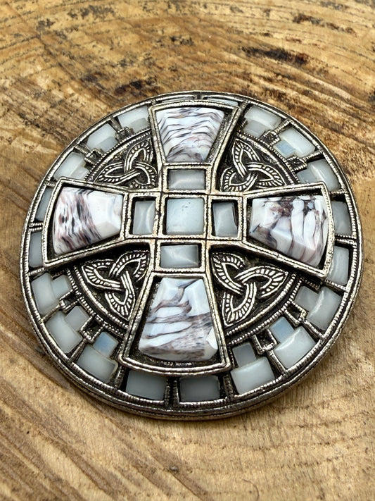 Vintage Miracle Celtic Cross Brooch, Grey Banded Glass