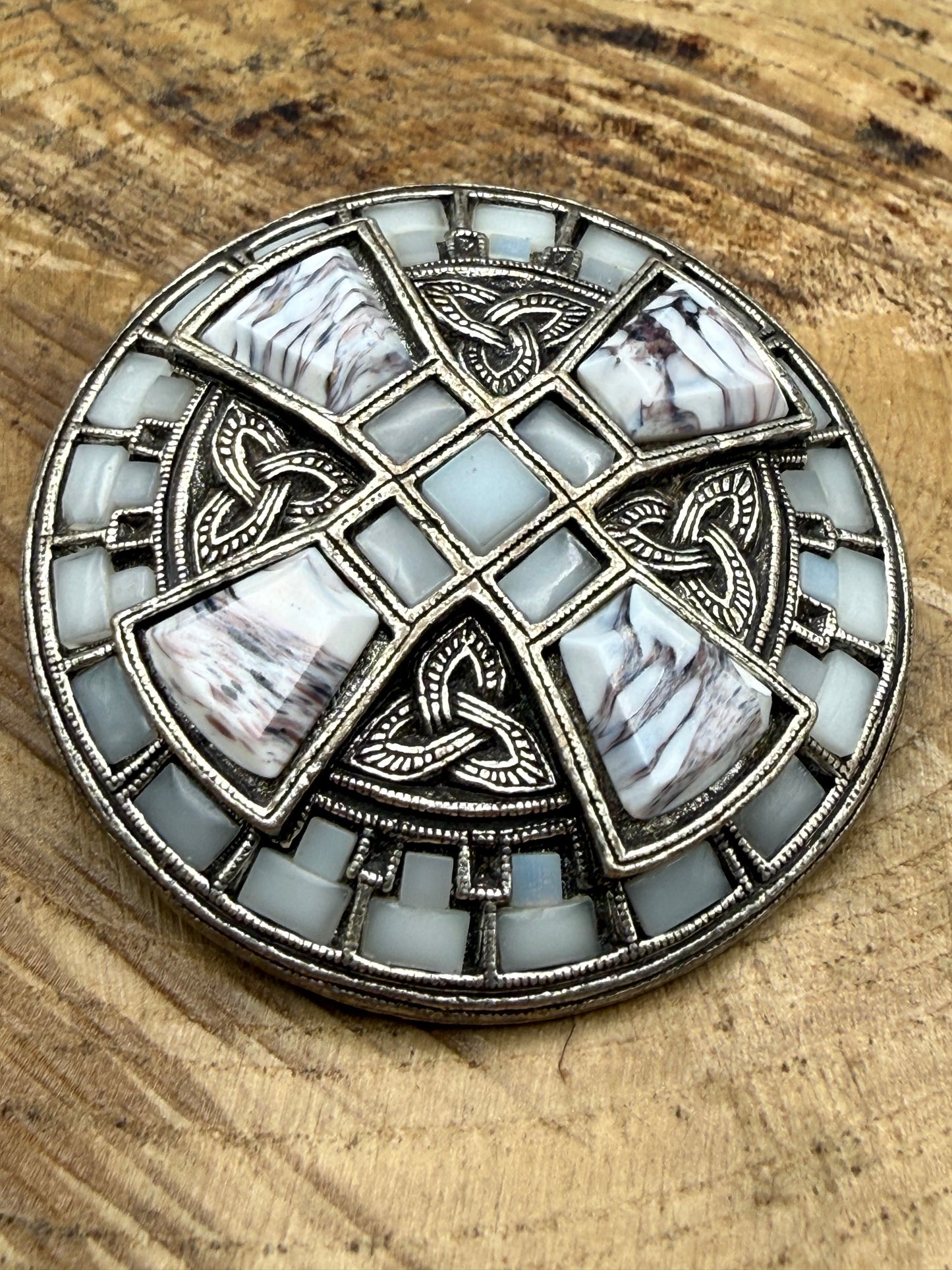 Vintage Miracle Celtic Cross Brooch, Grey Banded Glass