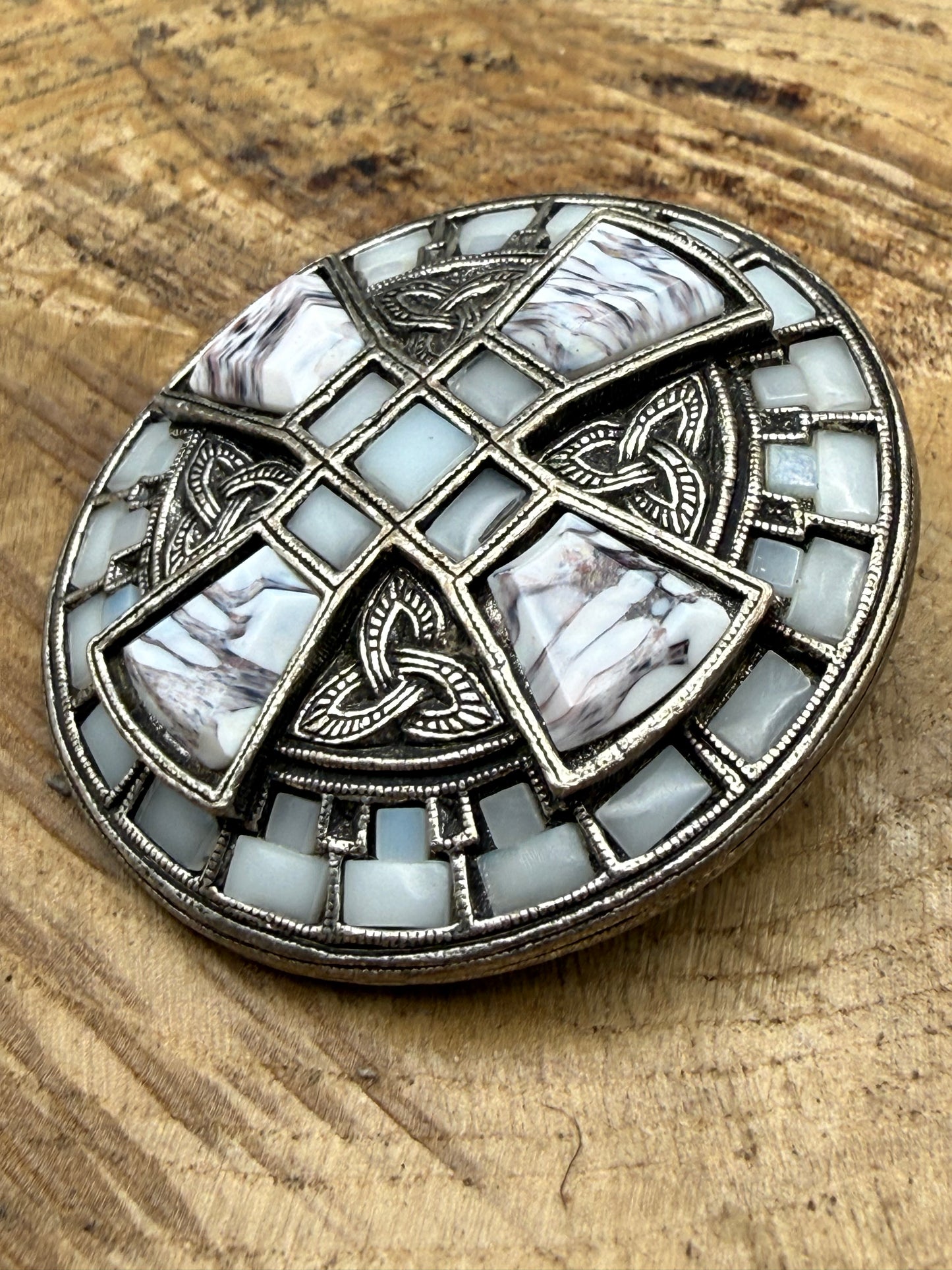 Vintage Miracle Celtic Cross Brooch, Grey Banded Glass