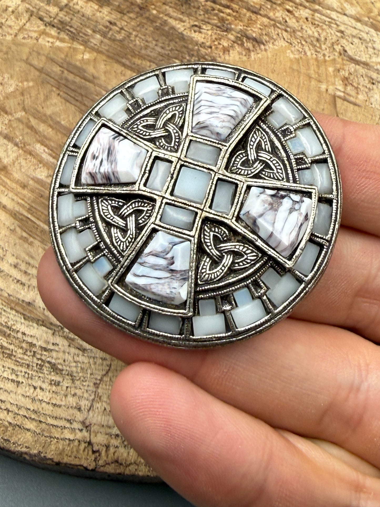 Vintage Miracle Celtic Cross Brooch, Grey Banded Glass