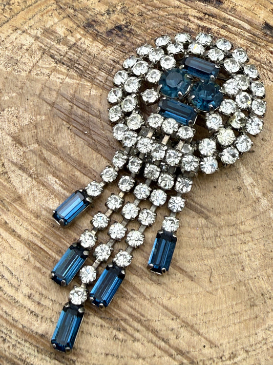 Vintage Sparkly Rhinestone Waterfall Brooch, Navy Blue