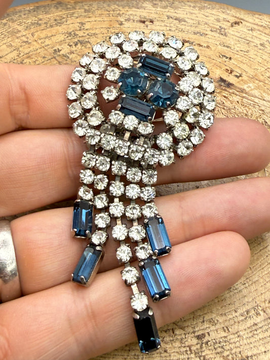 Vintage Sparkly Rhinestone Waterfall Brooch, Navy Blue