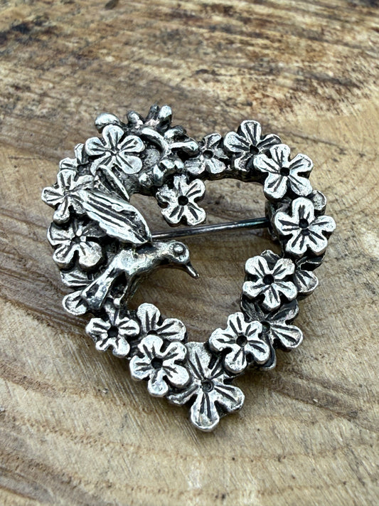 Vintage Pewter Hummingbird Heart Brooch by MASJ