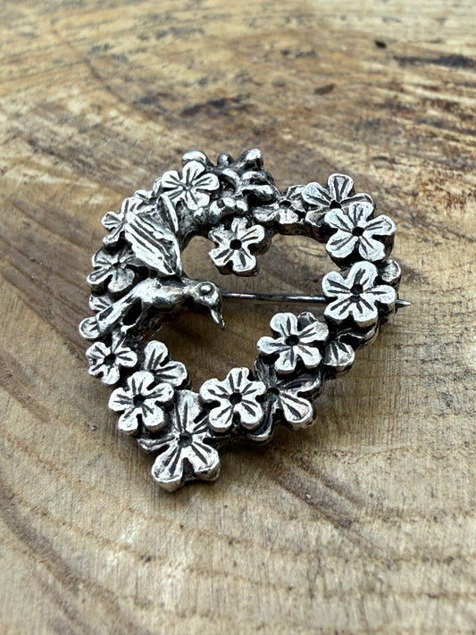Vintage Pewter Hummingbird Heart Brooch by MASJ