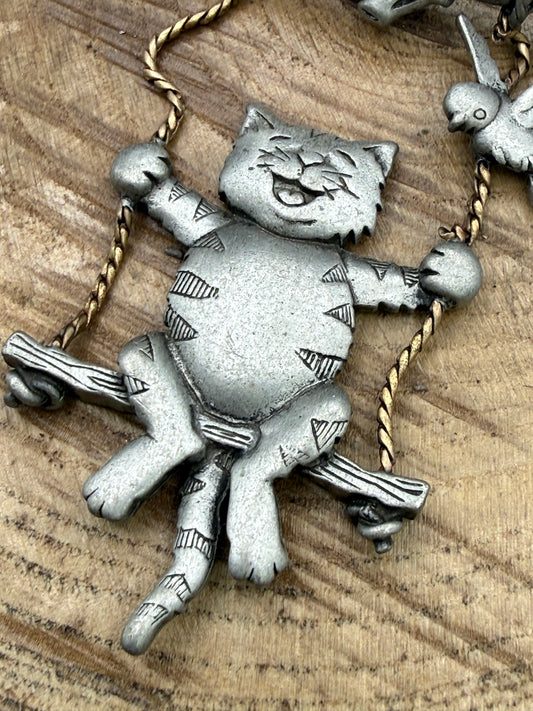 Vintage JJ Jonette Cat on a Swing Brooch with Birds