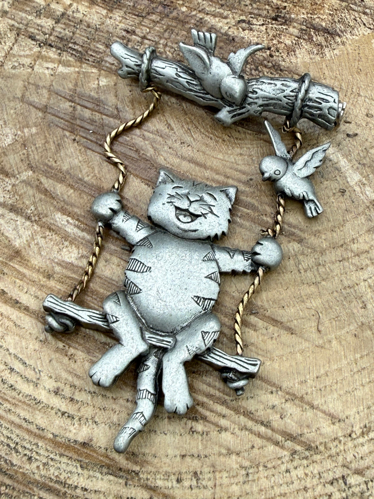 Vintage JJ Jonette Cat on a Swing Brooch with Birds