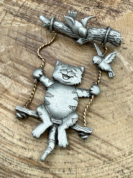 Vintage JJ Jonette Cat on a Swing Brooch with Birds