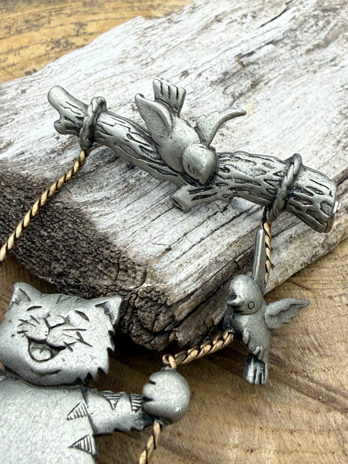 Vintage JJ Jonette Cat on a Swing Brooch with Birds