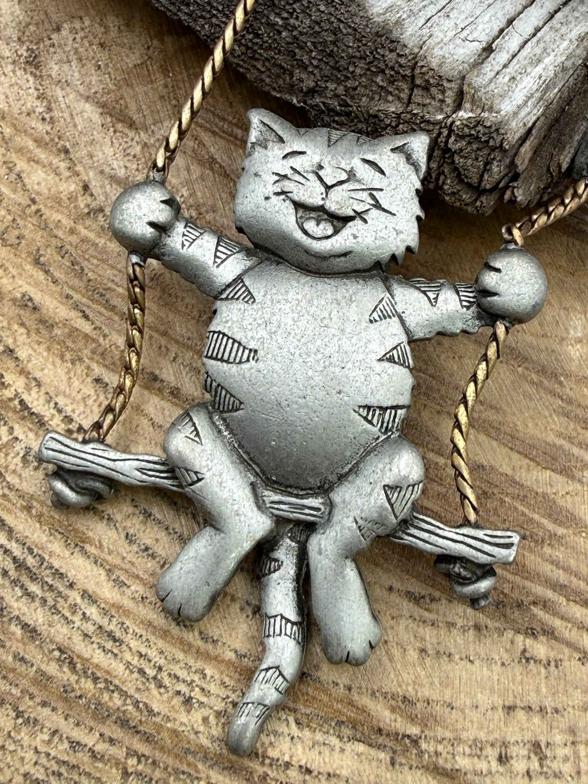 Vintage JJ Jonette Cat on a Swing Brooch with Birds