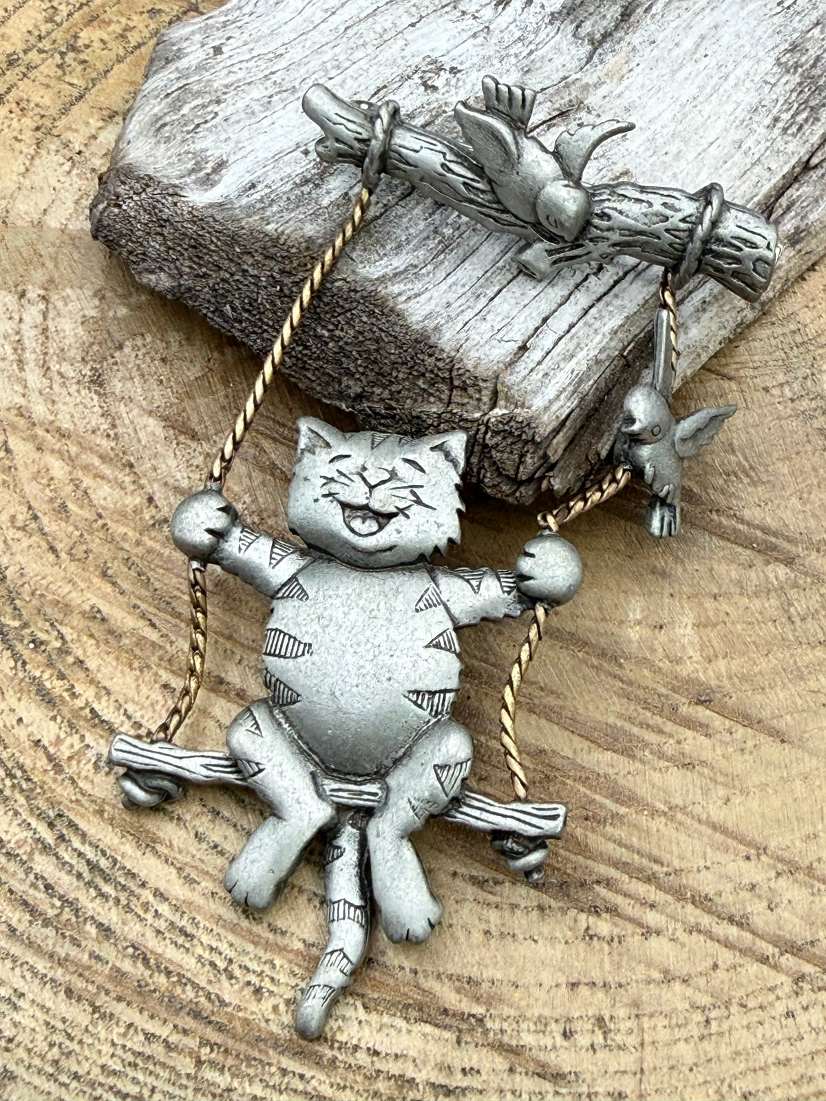 Vintage JJ Jonette Cat on a Swing Brooch with Birds