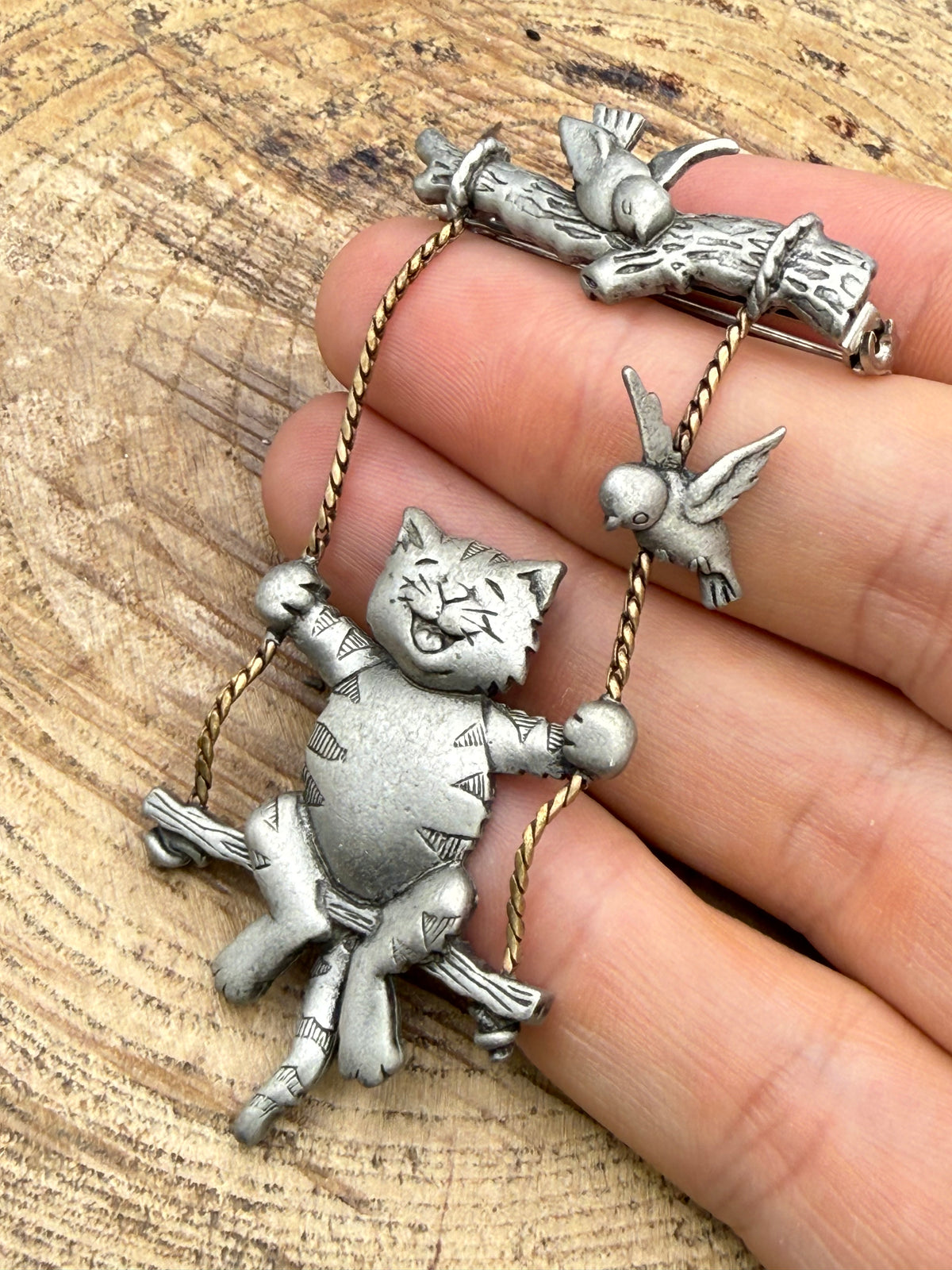 Vintage JJ Jonette Cat on a Swing Brooch with Birds