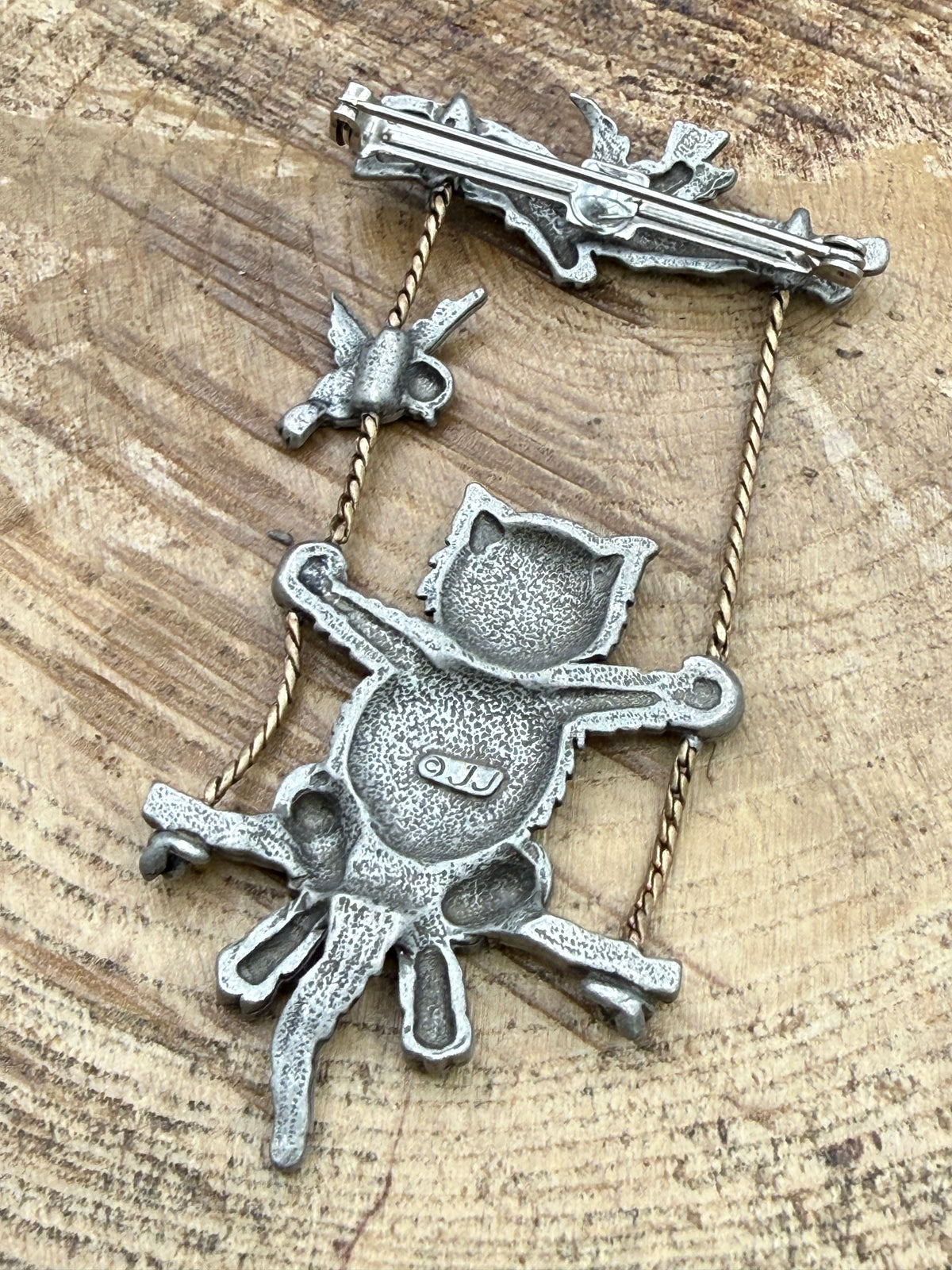 Vintage JJ Jonette Cat on a Swing Brooch with Birds