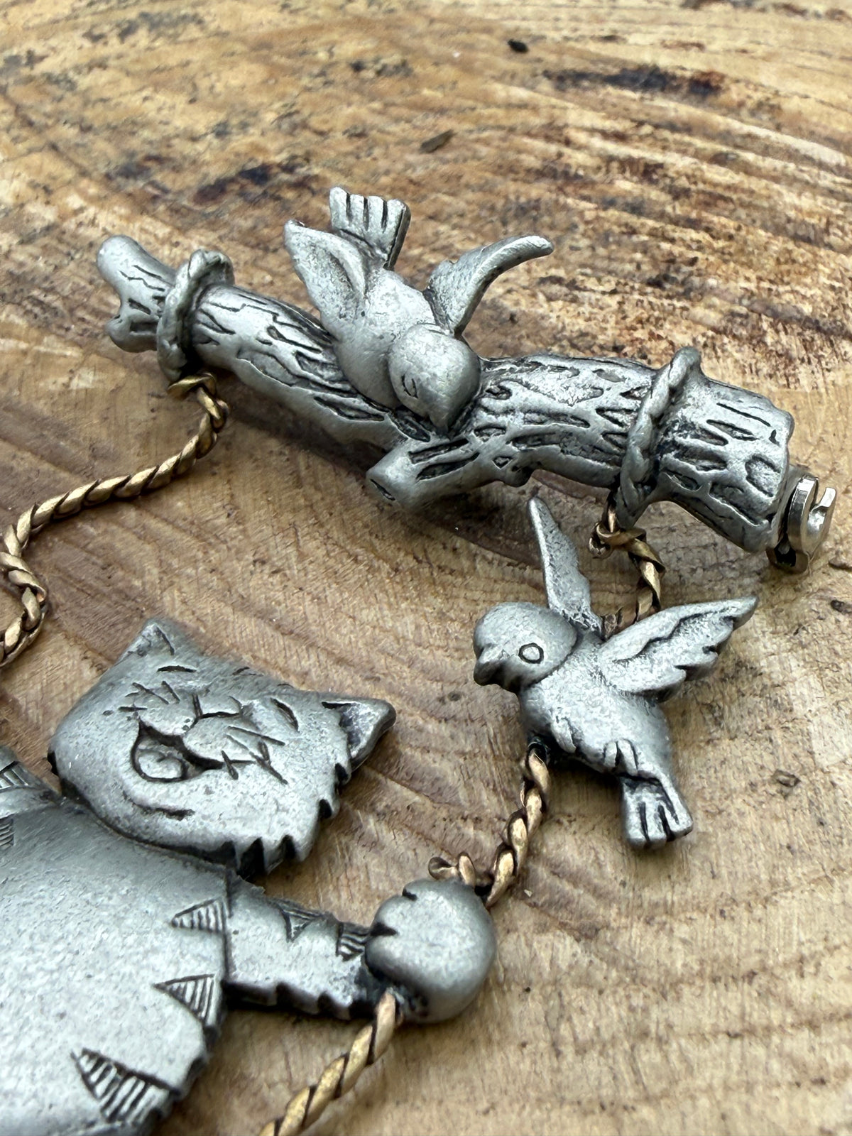 Vintage JJ Jonette Cat on a Swing Brooch with Birds