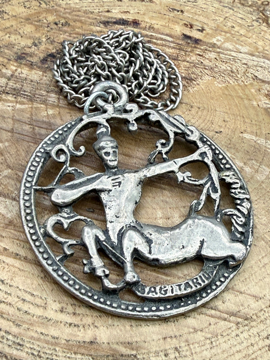 Vintage Pewter Sagittarius Zodiac Pendant Necklace