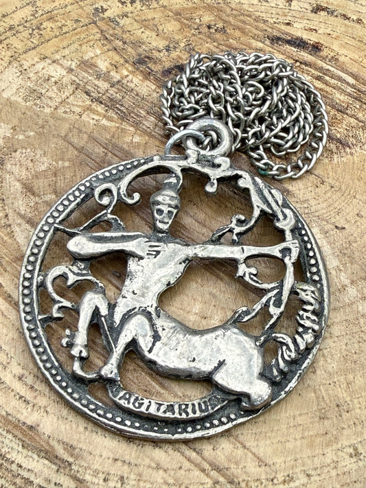 Vintage Pewter Sagittarius Zodiac Pendant Necklace