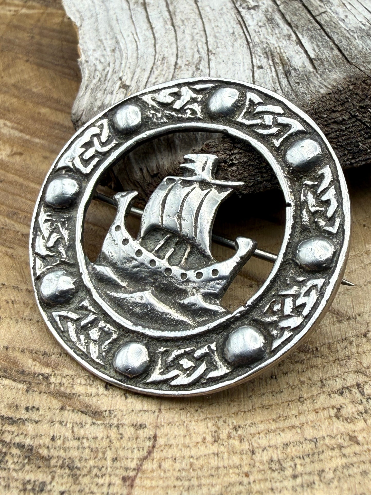Antique Scottish Sterling Silver Viking Ship Brooch