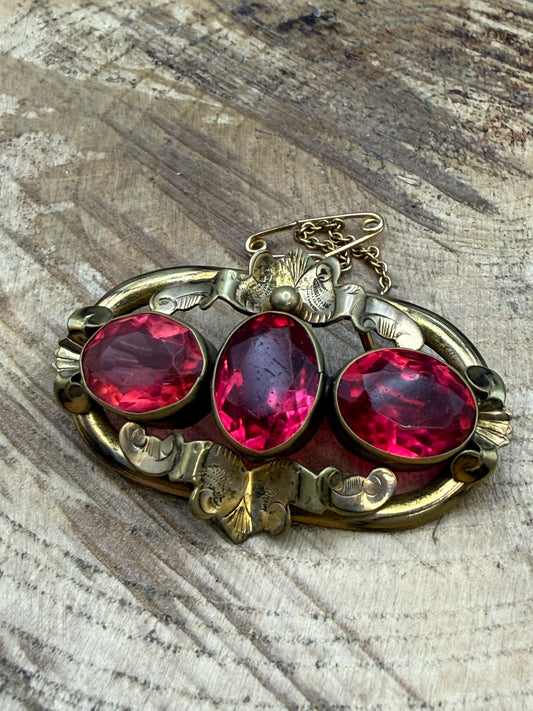 Antique Pink Paste Gilt Brooch, Victorian Glass Pin