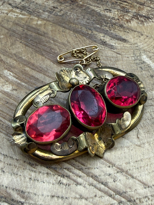 Antique Pink Paste Gilt Brooch, Victorian Glass Pin