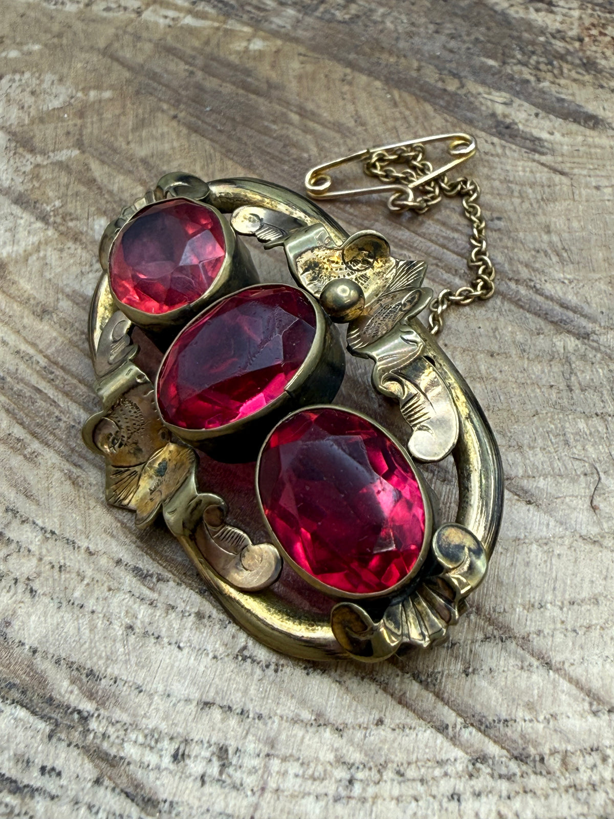 Antique Pink Paste Gilt Brooch, Victorian Glass Pin