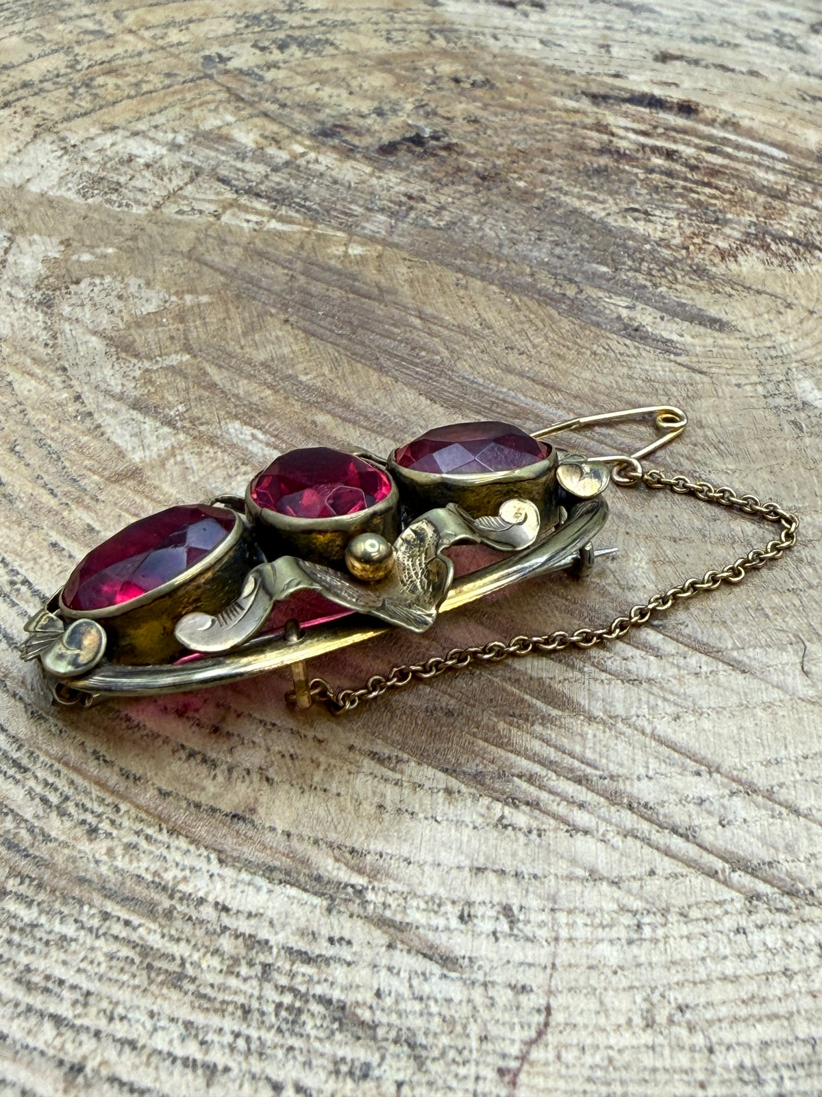 Antique Pink Paste Gilt Brooch, Victorian Glass Pin