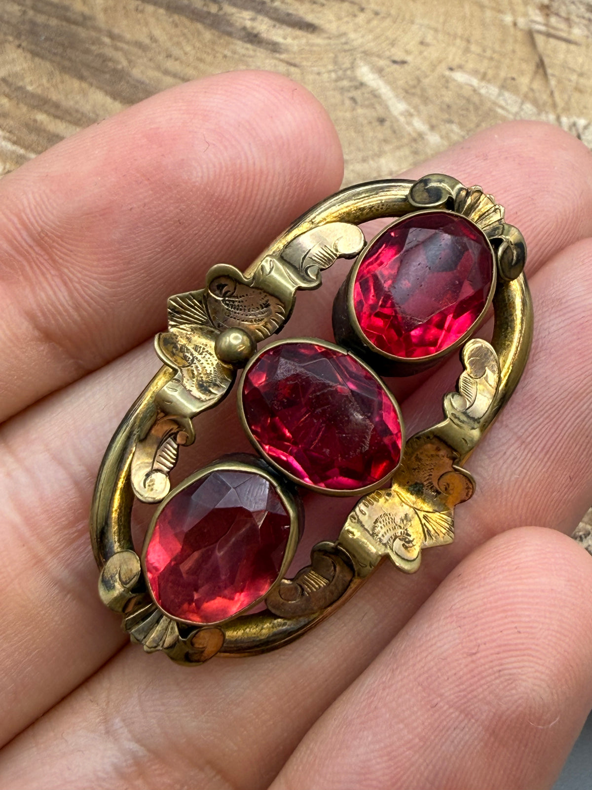 Antique Pink Paste Gilt Brooch, Victorian Glass Pin